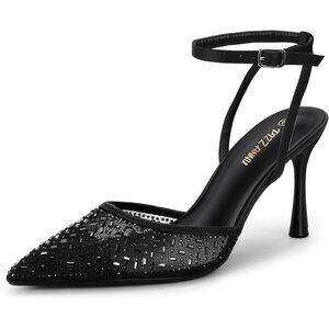 Pizz Annu Women's Black Closed Toe Mesh Sparkly Ankle Strap Cienna High Heels